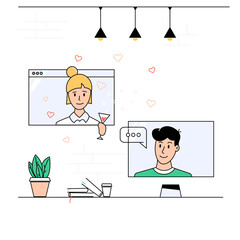 Romantic communication on a dating site of young men and women online. Virtual communication at a distance during quarantine. Meeting website. Flat style. Stock vector illustration of online dating.