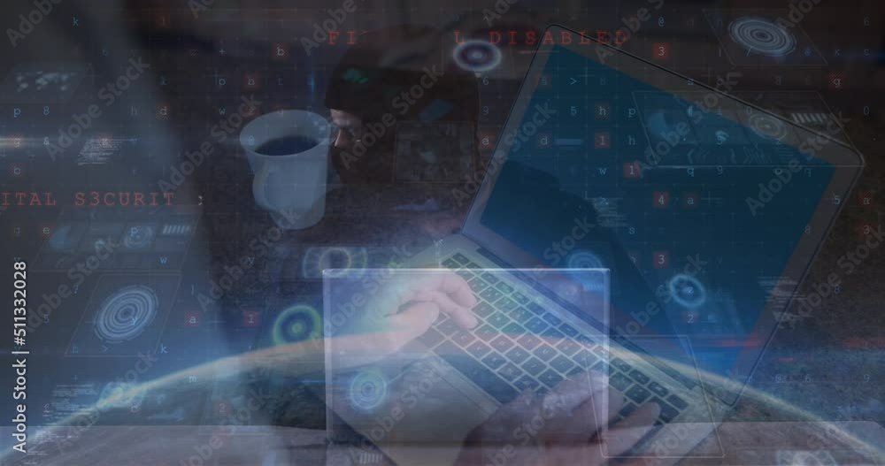 Poster animation of digital interface over person using laptop