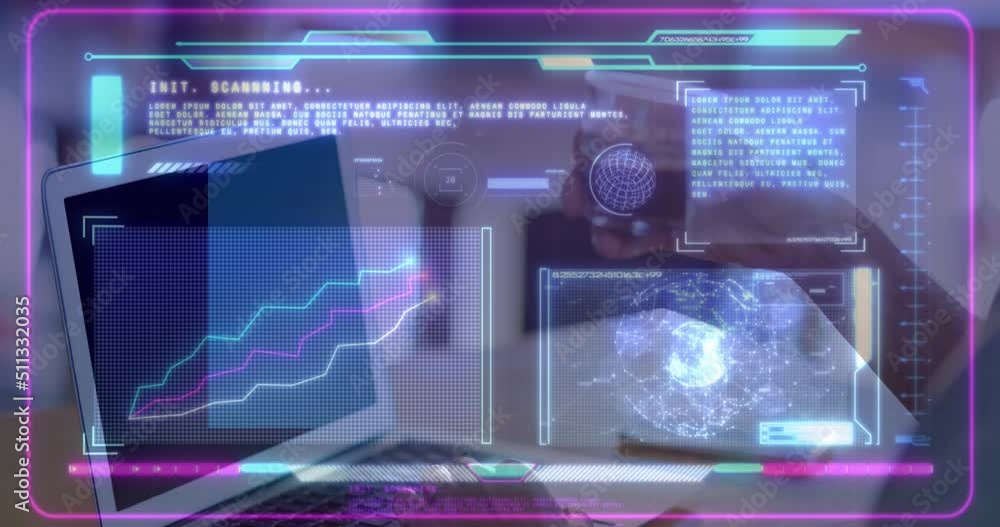 Poster animation of digital interface over person using laptop
