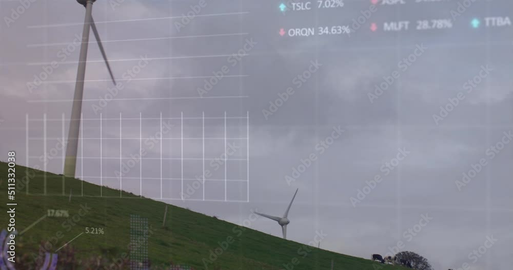 Poster animation of financial data processing over windmill and landscape