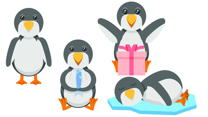 Set Abstract Collection Flat Cartoon Different Animal Penguins Stand, Sleeping, Surprised By The Gift, Eating A Fish Vector Design Style Elements Fauna Wildlife