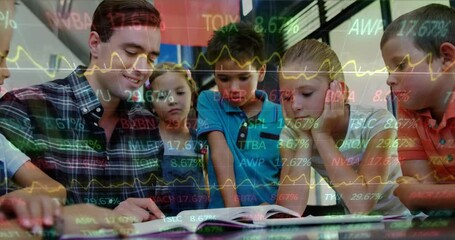 Animation of financial data processing over diverse group of diverse pupils with male teacher - Powered by Adobe