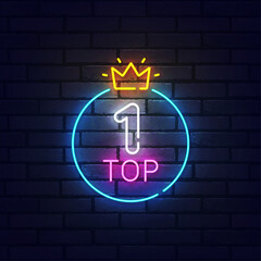 Obraz premium Top 1 neon sign, bright signboard, light banner. Top one logo neon, emblem. Vector illustration