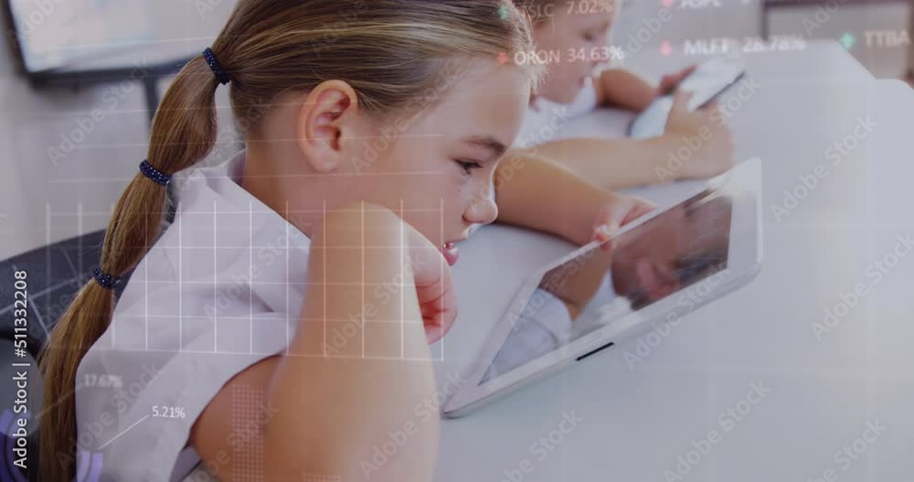Poster animation of financial data processing over diverse group of diverse pupils