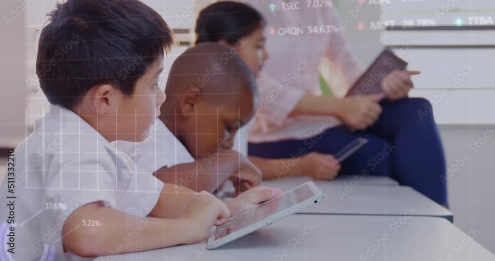 Poster animation of financial data processing over diverse group of diverse pupils