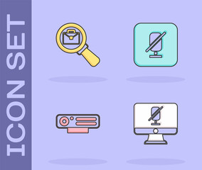 Obraz premium Set Mute microphone on computer, Magnifying glass with briefcase, Web camera and icon. Vector