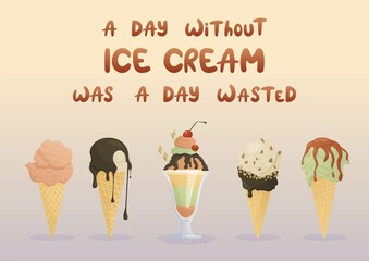 Vector illustration of  ice cream, fruits and lettering for poster, banner, website, postcard, t-shirt. Flyer with illustration with sweet food objects and symbols. Colorful horizontal banner. 