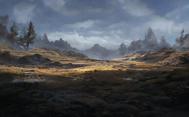 Naklejka na ściany i meble Fantastic Epic Magical Landscape of Mountains. Summer nature. Mystic Valley, tundra. Gaming assets. Celtic Medieval RPG background. Rocks and canyon. Beautiful sky with clouds. Lakes and rivers