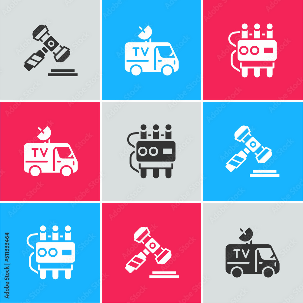 Poster set judge gavel, tv news car and dynamite and timer clock icon. vector