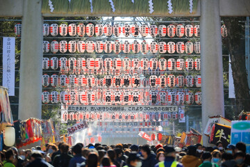 神社　初詣　朝日に照らされる提灯