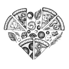 Pizza heart vintage design. Hand drawn greek, margherita, pepperoni, veggie, ham and mushrooms and seafood pizzas.