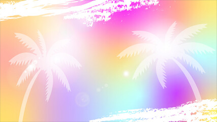 Fototapeta na wymiar Abstract holographic background in blue, pink, purple with palm tree silhouette