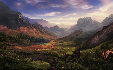Fototapeta na wymiar Fantastic Epic Magical Landscape of Mountains. Summer nature. Mystic Valley, tundra. Gaming assets. Celtic Medieval RPG background. Rocks and canyon. Beautiful sky with clouds. Lakes and rivers