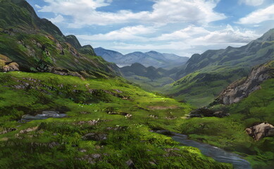 Fototapeta na wymiar Fantastic Epic Magical Landscape of Mountains. Summer nature. Mystic Valley, tundra. Gaming assets. Celtic Medieval RPG background. Rocks and canyon. Beautiful sky with clouds. Lakes and rivers