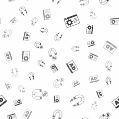 Set Browser setting, Magnet, Advertising and with money on seamless pattern. Vector