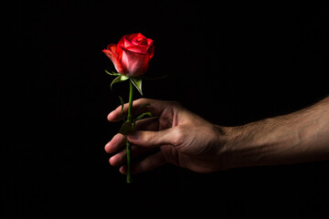 A hand holds a scarlet rose on a black background. One beautiful flower. rose variety