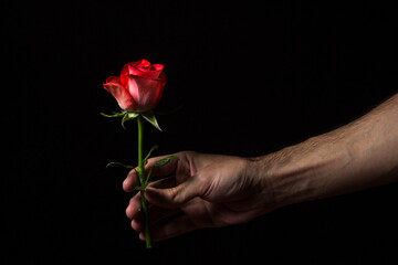 A hand holds a scarlet rose on a black background. One beautiful flower. rose variety