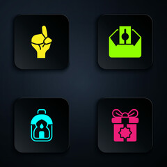 Set Gift box, Hands in praying position, Ramadan Kareem lantern and Donate or pay your zakat. Black square button. Vector