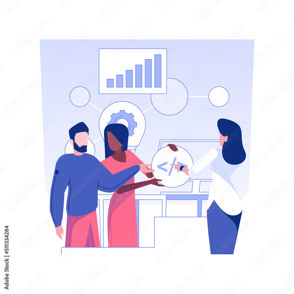 Poster brainstorming with a team isolated concept vector illustration. group of it company workers discussi