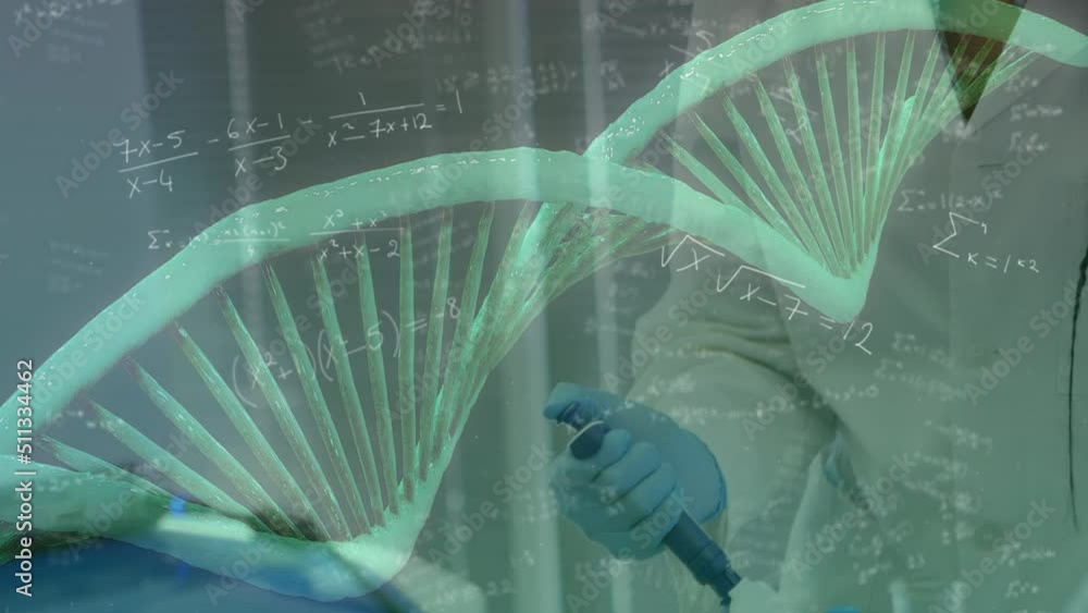 Poster animation of spinning dna strand and mathematical formulas over scientist