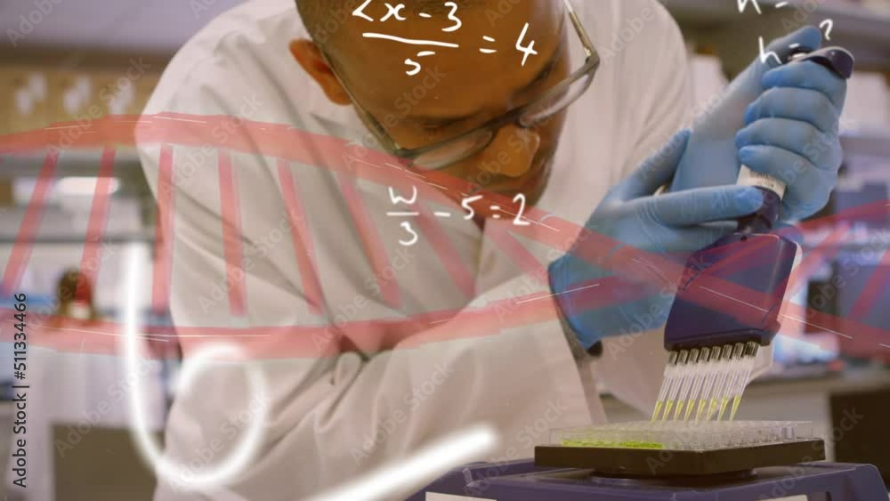 Aufkleber animation of spinning dna strand and mathematical formulas over scientist