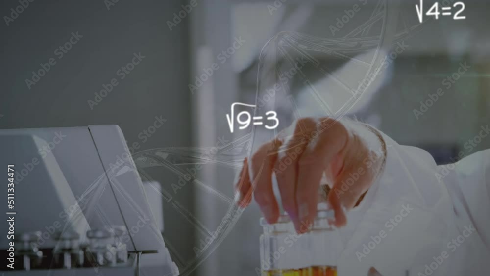 Poster animation of spinning dna strand and mathematical formulas over scientist