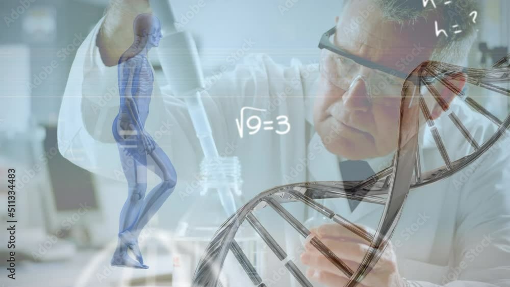 Poster animation of spinning dna strand and mathematical formulas over scientist