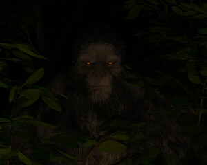 Bigfoot cryptid lurking in bushes at night possibly watching campers