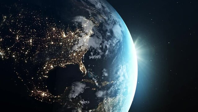 Cinematic view from a satellite orbit of the planet. The sun rises over the North American continent. Lights of the United States' night cities visible from space. The Earth is slowly rotating
