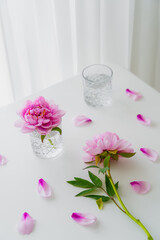 high angle view of glasses with water and pink peonies on white tabletop.