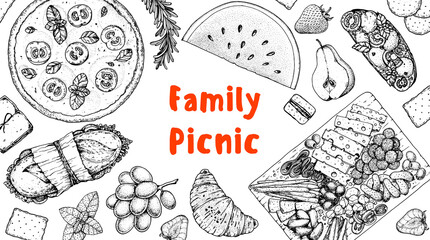 Picnic food top view. Hand drawn vector illustration. Food and drink sketch. Antipasti, pizza, sandwich, fruits, snacks for lunch or dinner. Summer Food top view frame.