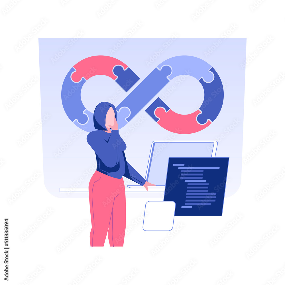 Poster devops engineering isolated concept vector illustration. professional devops engineer programming an