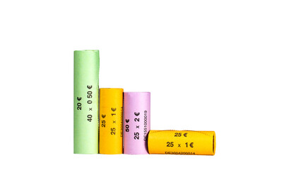 Euro roll of coins. One euro, two euro and fifty cent rolls. European currency.