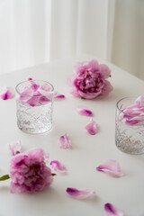 Obraz na płótnie Canvas fresh peonies and petals near glasses with gin tonic on white tabletop and grey background.