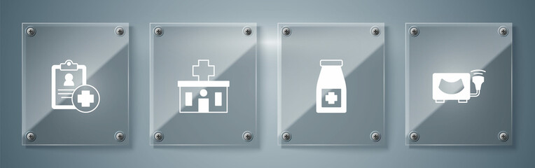 Set Ultrasound, Medicine bottle and pills, Hospital building and Patient record. Square glass panels. Vector