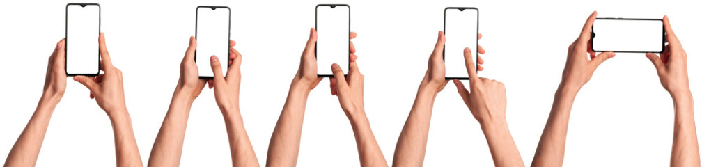 A man holds in his hands a blank black smartphone screen with a modern frameless design. Five positions isolated on white background