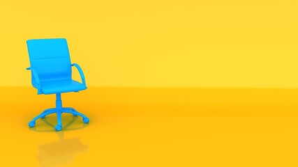 Bright blue office chair is standing in an empty blue room with a yellow floor. Concept of minimalism. 3d rendering mock up
