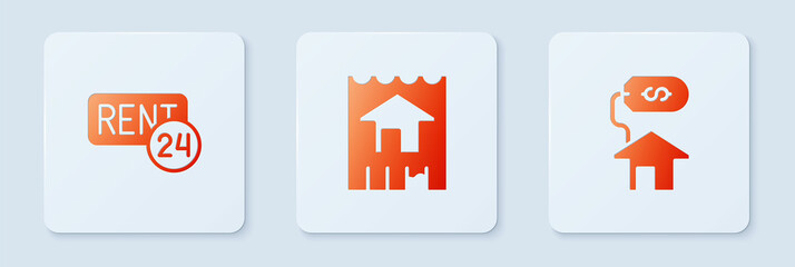 Set House, Rent and with dollar. White square button. Vector