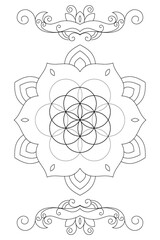 Fototapeta premium Flower of Life and Tree of Life Sacred Geometry zentangle inspired design template with oriental tribal ornaments. New age coloring page.Line art meditation symbol with ornaments.