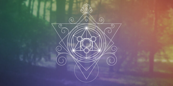 Philosopher Stone Sacred Geometry zentangle inspired design template with oriental tribal ornaments. Ornamental new age art.Meditation symbol in front of blurry nature background.