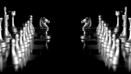 Pieces on chess board for playing game and strategy - obrazy, fototapety, plakaty