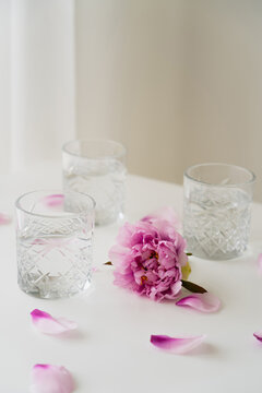 pink peony and floral petals near glasses with fresh water on grey background.