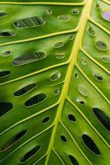 Fototapeta na wymiar Juicy green monstera leaf with holes close up