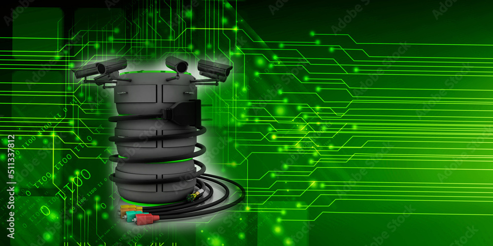 Poster 3d rendering aux cable with computer database under cctv camera