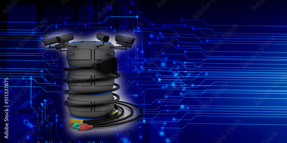 Poster 3d rendering aux cable with computer database under cctv camera