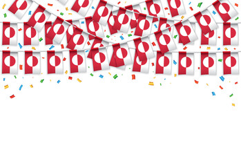 Greenland flag garland white background with confetti, Hang bunting for Greenland independence day celebration template banner, Vector illustration