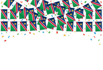 Namibia flags garland white background with confetti, Hang bunting for independence Day celebration template banner, Vector illustration