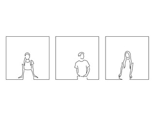 Young people having fun in line art drawing style. Composition of three persons gesturing. Black linear sketch isolated on white background. Vector illustration design.