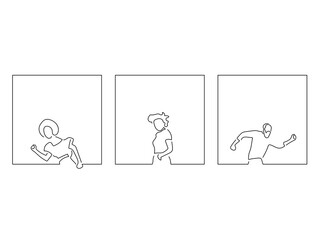 Young people having fun in line art drawing style. Composition of three persons gesturing. Black linear sketch isolated on white background. Vector illustration design.