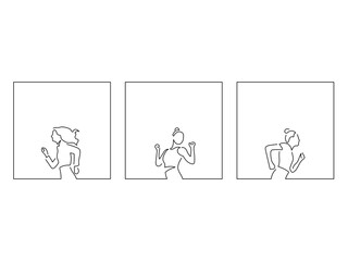 Fototapeta premium Young women doing sport in line art drawing style. Composition of three persons running. Black linear sketch isolated on white background. Vector illustration design.